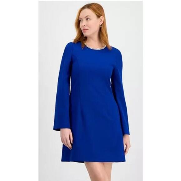 Tahari ASL Cobalt Blue Rhinestone Trim A-Line Dress 12 NWT - Picture 1 of 5